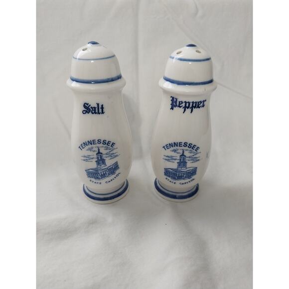 Vintage Tennessee State Capitol White Blue Salt And Pepper Shakers 4" Japan - Picture 1 of 4